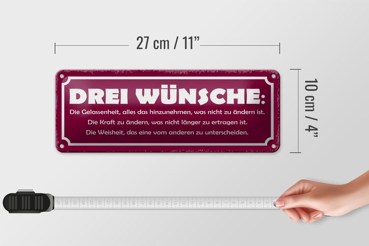 Blechschild Spruch 27x10cm Drei Wünsche Gelassenheit Kraft Dekoration