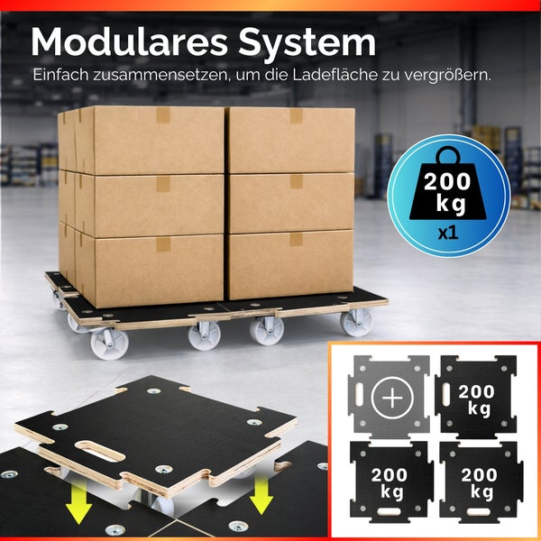 Modulares Transportroller System mit erweiterbarer Ladefläche durch Zusammenstecken, Traglast zweihundert Kilogramm pro Modul.