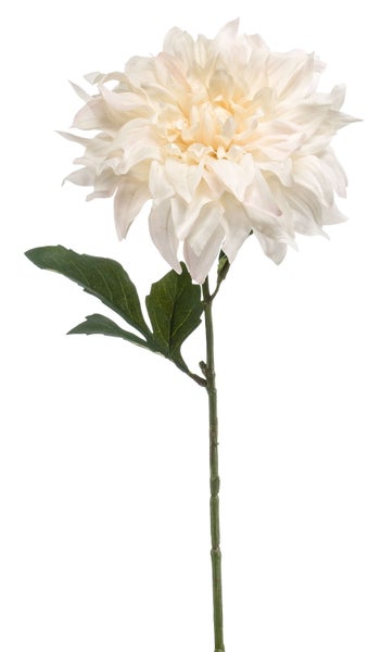 Künstliche Dahlie in Creme mit grünem Stiel und Blättern.