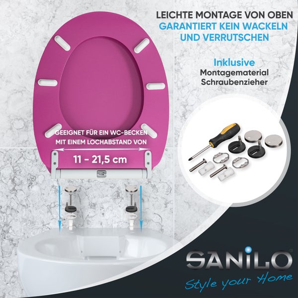 WC-Sitz mit Montagematerial und Schraubenzieher, Lochabstand 11 bis 21,5 Zentimeter, einfache Montage von oben. Sanilo Logo.