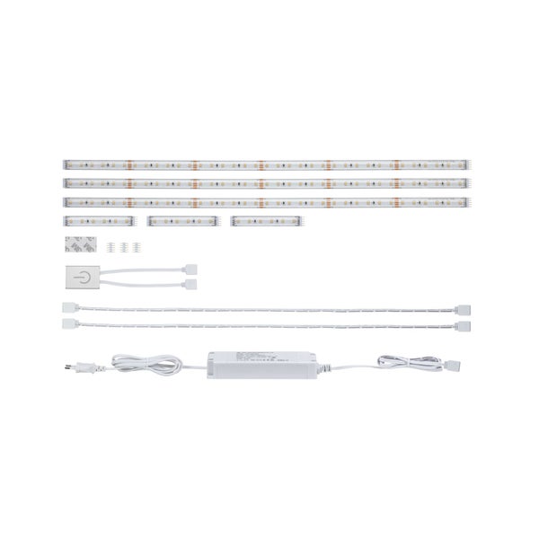 LED Unterbauleuchten Set bestehend aus drei langen und drei kurzen LED Streifen mit Netzteil, Schalter und Verbindungskabeln für die Montage.