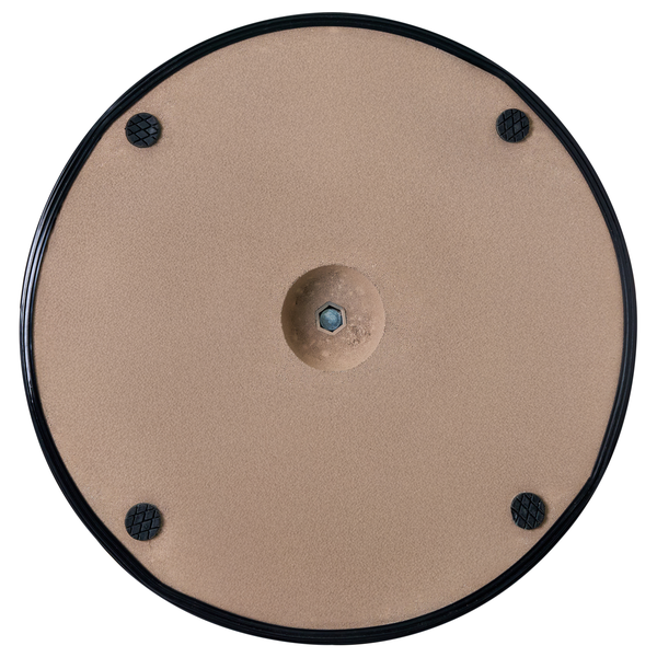 Unterseite eines runden Standfusses mit vier rutschfesten Gummifüssen und einer zentralen Verschraubung.