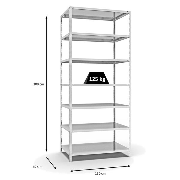PROREGAL Fachbodenregal Schraubsystem Light-Duty Grundregal HxBxT 300 x 130 x 80 cm 7 Ebenen Fachlast 125 kg Beidseitig Nutzbar Lichtgrau