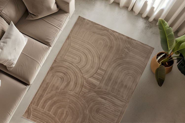 Moderner Wohnzimmerteppich mit geometrischem Bogendesign in einer wohnlichen Einrichtung mit Sofa und Zimmerpflanze.