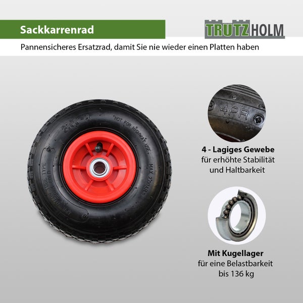 Pannensicheres Sackkarrenrad von Trutzholm mit 4-lagigem Gewebe und Kugellager für eine Belastbarkeit bis 136 Kilogramm.