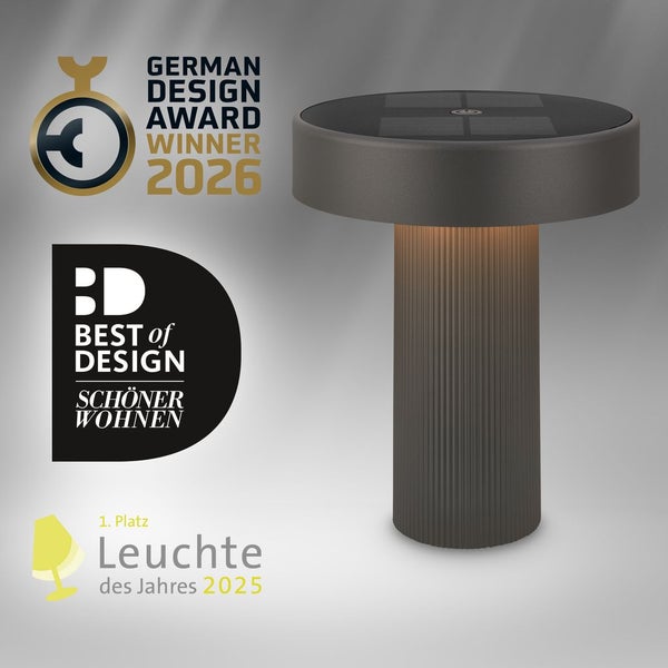 Moderne Solar-Außenleuchte, geriffelter Sockel, German Design Award 2026, Best of Design Schöner Wohnen und erster Platz Leuchte des Jahres 2025.