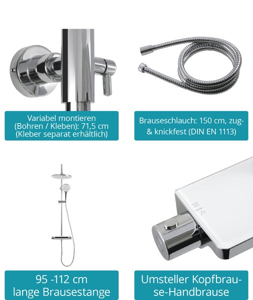 Calmwaters® Duschsystem Chrom, mit Thermostat-Armatur, 3-strahlige Handbrause, integrierte Ablage, Anti-Kalk, höhenverstellbar, Kleben oder Bohren, 20DP6174
