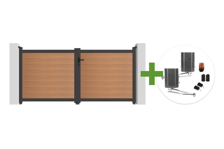 Doppelflügeltor mit Holzoptik-Lamellen und anthrazitfarbenem Rahmen inklusive elektrischem Drehtorantrieb-Set mit Fernbedienungen.