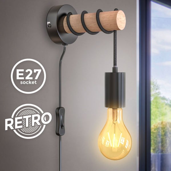 Wandleuchte - schalter, mit Stecker, E27 Fassung, max. 10W, schwarz