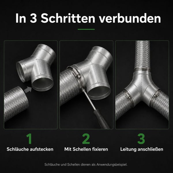 Anleitung in drei Schritten: Schlauch auf das Y-Stück stecken, mit Schellen fixieren und die Leitung fertig anschließen.