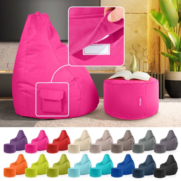 Green Bean 2er Set Sitzsack + Hocker - fertig befüllt - robust waschbar schmutzabweisend - Kinder & Erwachsene Bean Bag Bodenkissen Lounge Sitzhocker Relax-Sessel Gamer Gamingstuhl Pouf - Pink