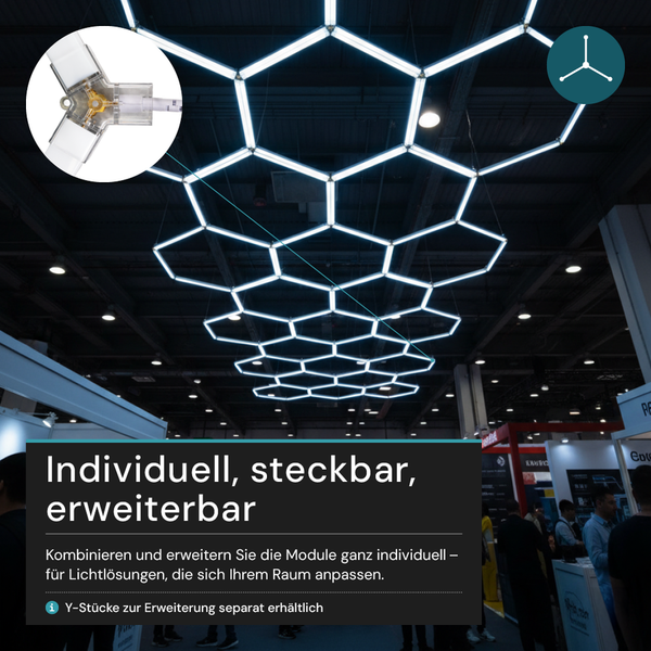 Mehrere sechseckige LED-Deckenleuchten in einem großen Raum, die individuell anpassbar und erweiterbar sind.