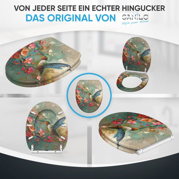 Verschiedene Ansichten eines WC-Sitzes mit Vogel- und Blumenmuster der Marke Sanilo