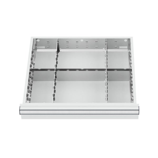 Schubladeneinteilung aus Metall für Werkstattschränke mit variablen Fächern zur organisierten Aufbewahrung.