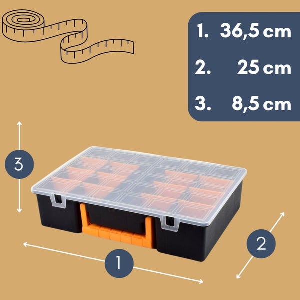 Sortimentskasten mit transparentem Deckel und orangen Einsätzen, Größenangaben
