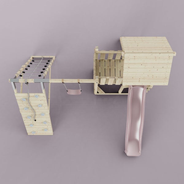 Spielturm mit Rutsche, Schaukel, Kletterwand und Kletternetz