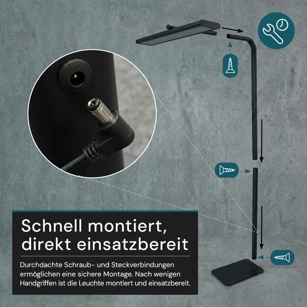 Abbildung einer Stehleuchte, die eine einfache Montage durch Schraub- und Steckverbindungen zeigt.