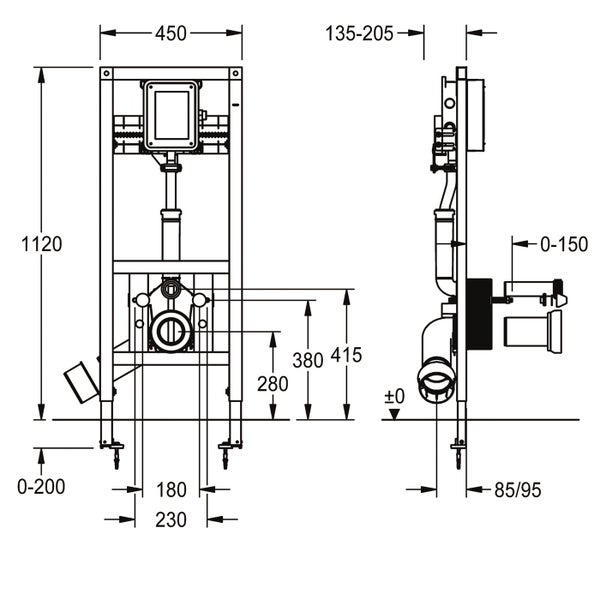 Technische Maßzeichnung eines Vorwandelements für ein Wand WC mit Abmessungen in Millimetern.