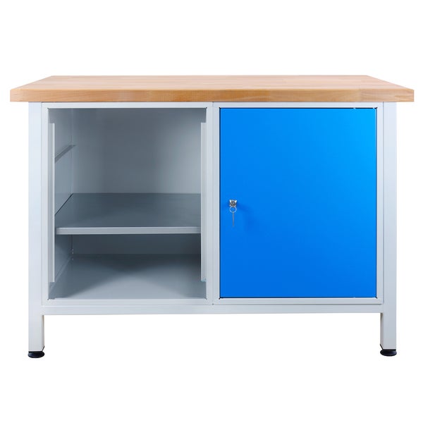 PROREGAL Werkbank Rhino mit 1 Tür Regalteil HxBxT 84 x 120 x 60 cm Traglast 300 kg Lichtgrau Blau
