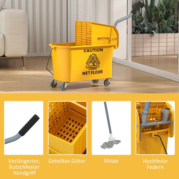 Wischmopp-Eimer mit Presse und Rollen zur professionellen Bodenreinigung, inklusive Mopp und Details zu Griff, Sieb, Moppkopf und Federmechanismus.