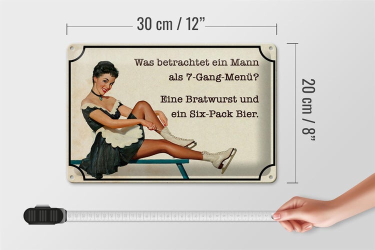 Blechschild Spruch 30x20cm 7-Gang-Menü Mann Wurst Bier