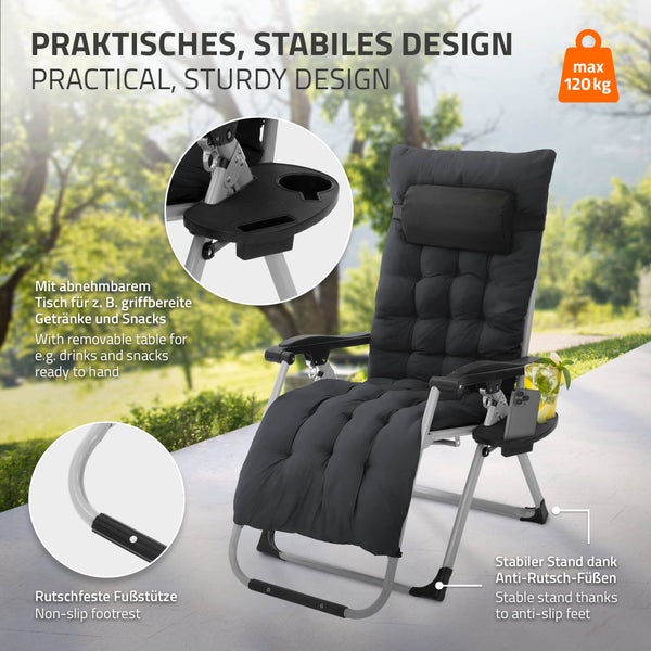 Gepolsterter Relaxsessel mit abnehmbarem Tisch, Kopfstütze und rutschfesten Füßen, maximale Belastbarkeit 120 Kilogramm.
