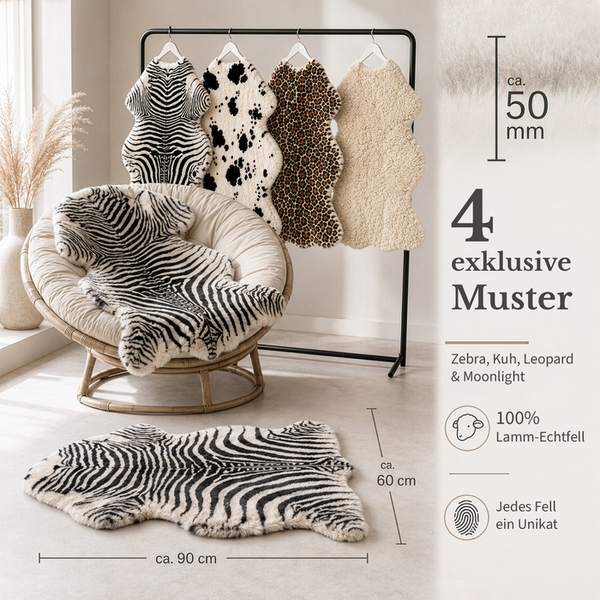 Lammfelle mit Tierprints in einem hellen Raum auf einem Rattansessel und Ständer, circa 60 mal 90 Zentimeter, 100 Prozent Naturprodukt.