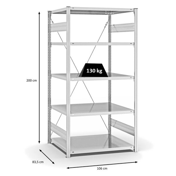 PROREGAL Fachbodenregal Stecksystem T-Profil Light-Duty Grundregal HxBxT 200 x 100 x 80 cm 5 Ebenen Fachlast 130 kg Einseitig Nutzbar Lichtgrau