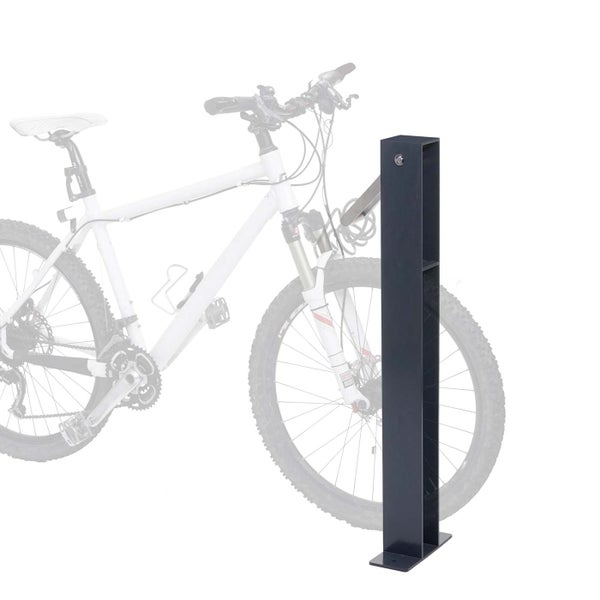 Fahrradständer aus Metall zur Bodenmontage mit einem daran befestigten Mountainbike.