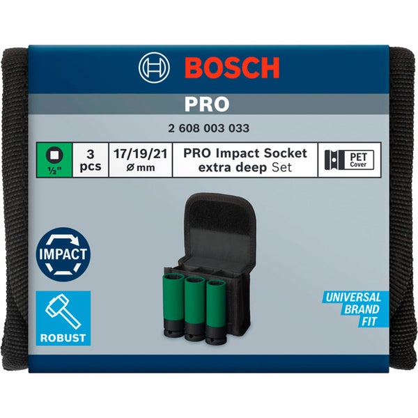 Bosch Pro Impact Steckschlüssel extra tief Satz, 3 Stück, Größen 17, 19 und 21 Millimeter