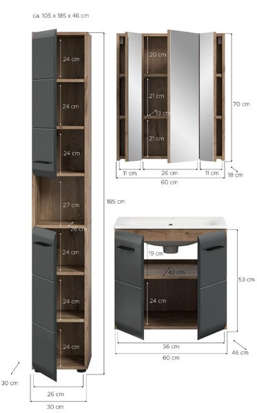 Badezimmermöbel Set mit Maßen in Zentimeter: Hochschrank, Spiegelschrank und Waschbeckenunterschrank in Eichenoptik und Anthrazit.
