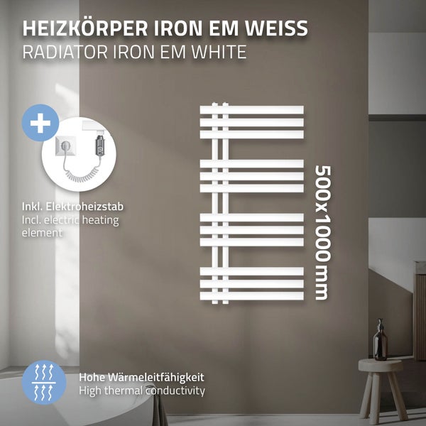 ECD Germany Badheizkörper Elektrisch 500 x 1000 mm Weiß mit Heizstab 300W - Flach Designbadheizkörper Paneelheizkörper Handtuchwärmer Handtuchtrockner Handtuchheizkörper Handtuchheizung Heizung