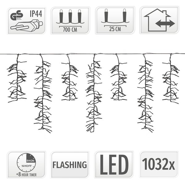 LED Lichterkette mit 1032 Lichtern und Blinkfunktion, Länge 700 Zentimeter, Abstand 25 Zentimeter, IP44 spritzwassergeschützt, 8 Stunden Timer.