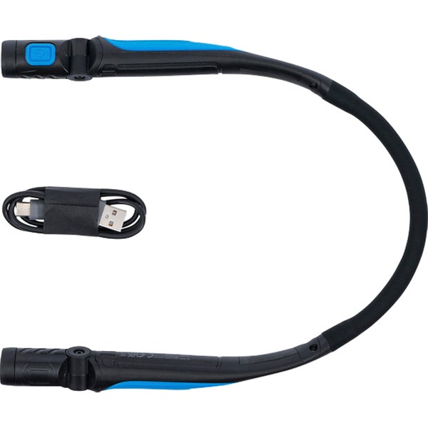 Flexible LED-Nackenlampe mit verstellbaren Leuchtköpfen und USB-Ladekabel für freihändiges Arbeiten.
