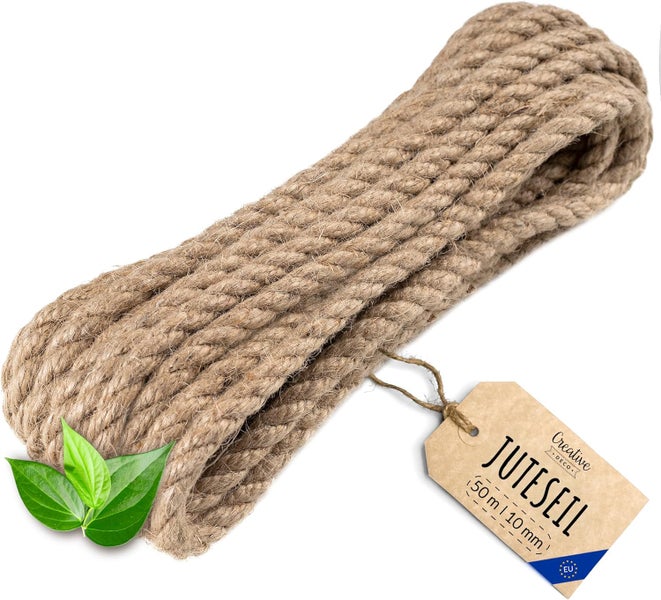 Juteseil aus Naturfasern, 50 Meter lang und 10 Millimeter stark, im Bund mit Produktetikett.