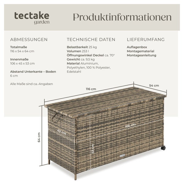 Produktinformationen zur tectake Auflagenbox aus Polyrattan mit Maßen, technischen Daten und Lieferumfang.