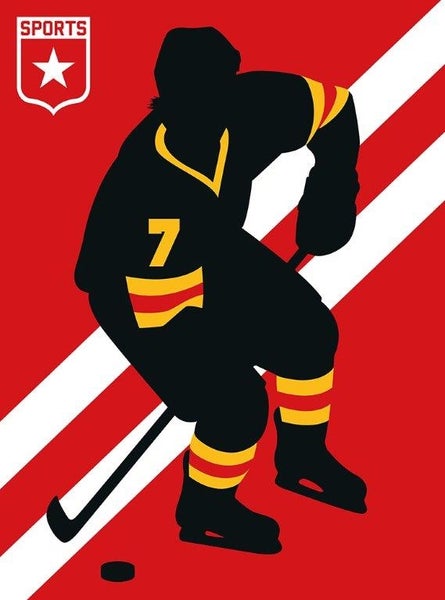 Silhouette eines Eishockeyspielers mit der Nummer 7, einem Schläger und einem Puck. Sports Logo.