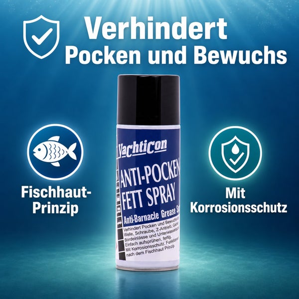 Yachticon Anti-Pocken Fett Spray zur Verhinderung von Bewuchs an Bootsanbauteilen mit Korrosionsschutz nach dem Fischhaut-Prinzip.