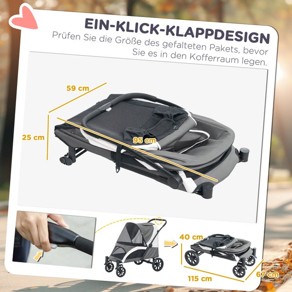PawHut Hundewagen Hundebuggy klappbar für große Hunde & Katzen bis 30 kg Katzenbuggy mit Kissen Netzfenstern Türen Aufbewahrungstasche Katzenwagen mit Sicherheitsleinen, Bremsen, Buggy Dunkelgrau