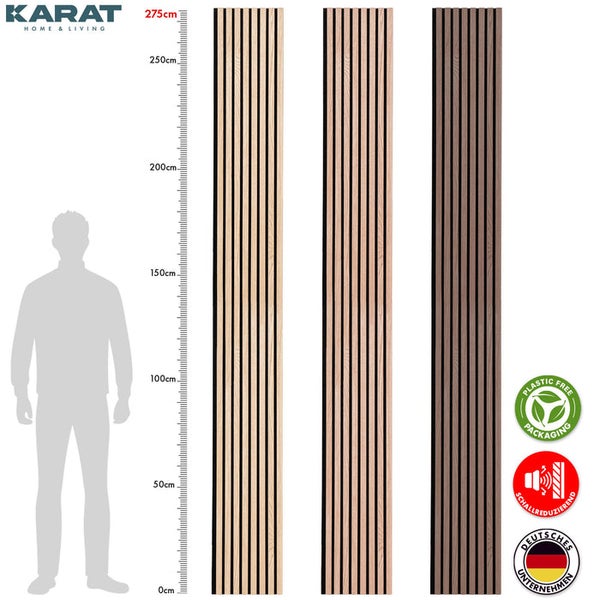 Drei Akustikpaneele aus Holz in verschiedenen Farbtönen, 275 cm hoch, mit den Siegeln 'Plastic Free Packaging', 'Schallreduzierend' und 'Deutsches Unternehmen'.