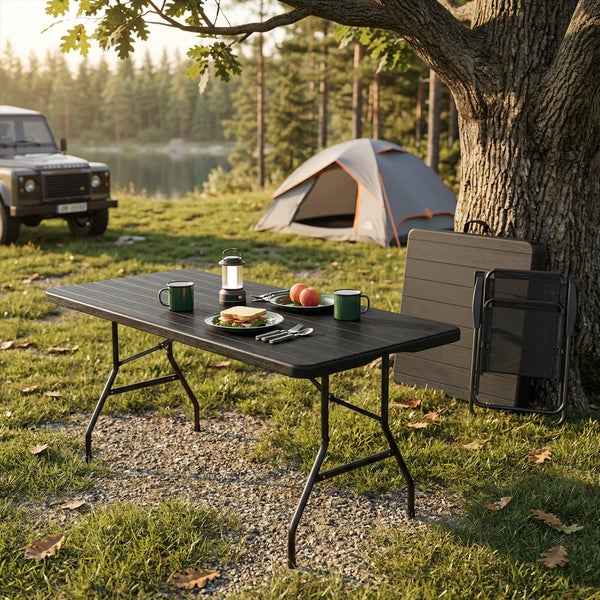Schwarzer Klapptisch auf einem Campingplatz mit Campinggeschirr, Zelt, Geländewagen und Wald im Hintergrund.