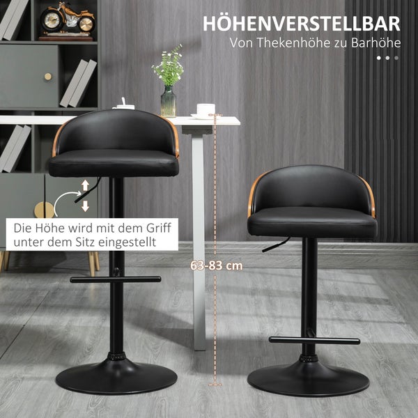 HOMCOM 2er-Set Barhocker mit Fußstütze drehbare Barstühle Barstuhl höhenverstellbar Drehstühle Küchenstühle Kunstleder Holz Schwarz+Kaffee 48 x 49,5 x 76-96 cm