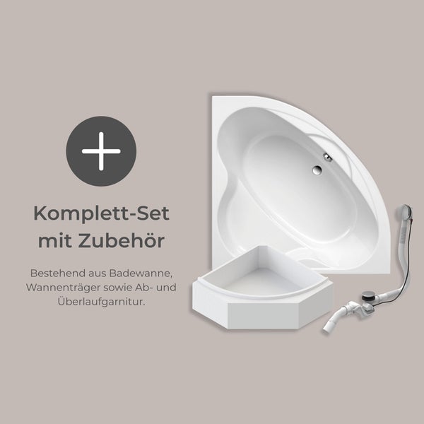 Komplettset mit Eckbadewanne, Wannenträger und Ablaufgarnitur