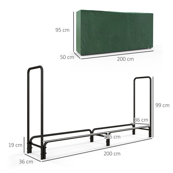 Outsunny Kaminholzregal, mit Wasserabweisender Abdeckung, Verstellbar, für Garten, Terrasse, 200 x 36 x 99 cm, Metall, Schwarz