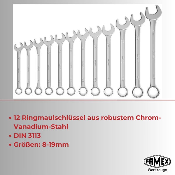 FAMEX Ringmaulschlüssel-Satz, 12-teilig, DIN 3113, aus Chrom-Vanadium-Stahl, Größen 6 bis 22 Millimeter, FAMEX Werkzeuge Logo.