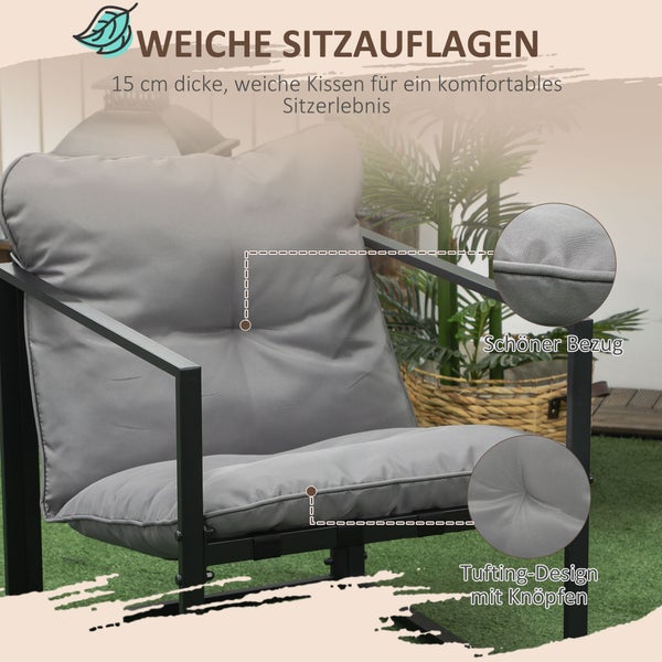 Outsunny Gartenmöbel Set 4 Personen Stahl wetterfest Balkonmöbel-Set mit 2er Sofa, Sessel Glastisch Sitzkissen Outdoor Sitzgruppe Terrassenmöbel Gartengarnitur für Garten Terrasse Balkon Grau+Schwarz