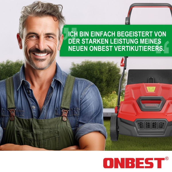 Ein lächelnder Mann in Arbeitskleidung neben einem Onbest Vertikutierer mit einem Kundenstatement zur Leistung und dem Onbest Logo.