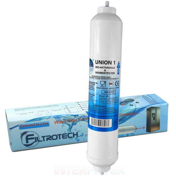 Externer Wasserfilter Union 1 von Filtrotech mit Aktivkohle und Sedimentfilter für Kühlschränke inklusive Umverpackung.