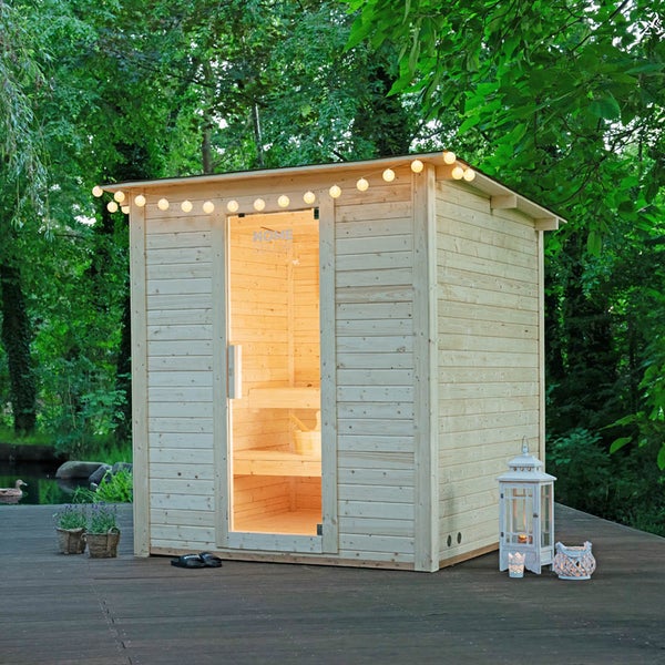 Home Deluxe - Outdoor Saunahaus TALO L - für 4 Personen - Maße: 221 x 217 x 221 cm, Holz: Fichtenholz - inkl. Saunaofen und Saunazubehör I Gartensauna, Außensauna, Sauna