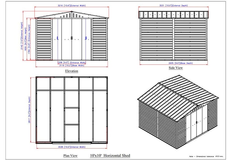 Technische Zeichnung eines Metall-Gerätehauses mit Maßangaben für Außenmaße, Eingangsbereich und Grundriss sowie einer Perspektivansicht.